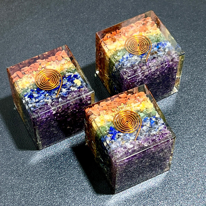7 Stone Chakra Reiki Balance Crystal Resin Orgone Cube Carving