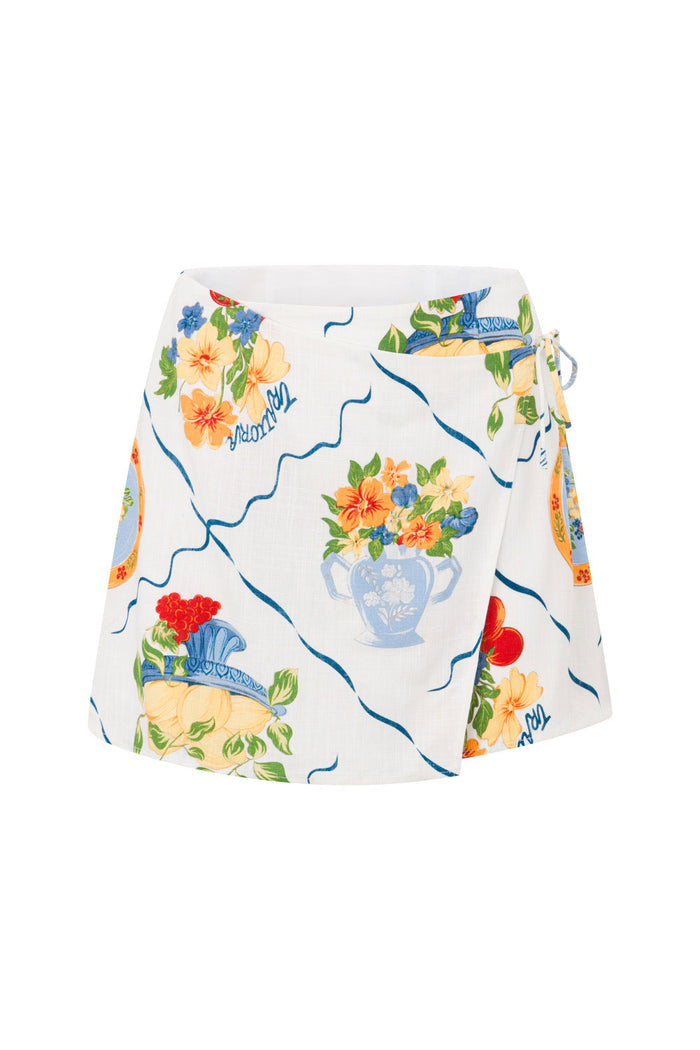 White Trattoria Print Wrap Mini Alessia Skirt