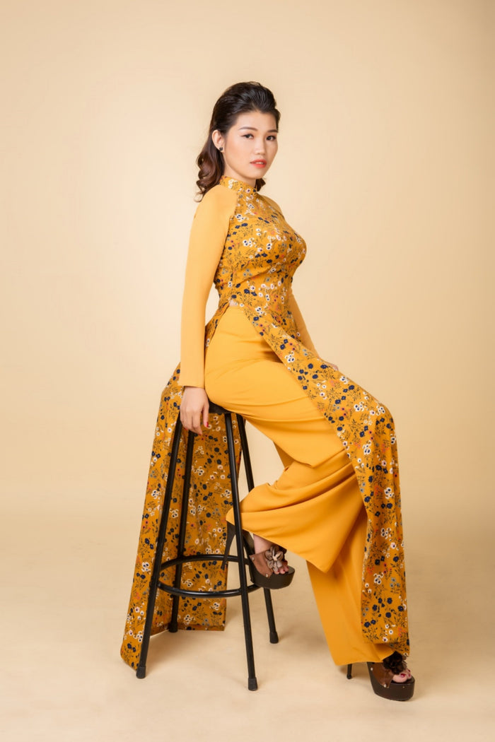 Ao dai dress with pants. Floral pattern silk stretch fabric.