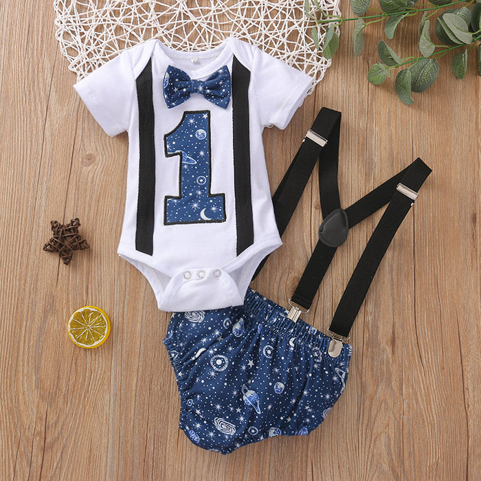 Babymoon 1st Birthday Cake Smash Outfit |Romper & Suspender Costume | 1 Yr - Blue