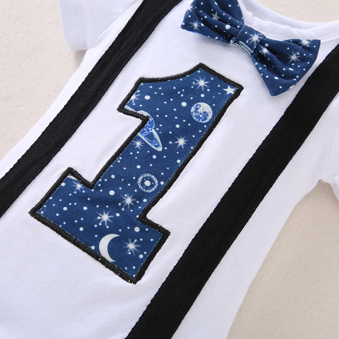 Babymoon 1st Birthday Cake Smash Outfit |Romper & Suspender Costume | 1 Yr - Blue
