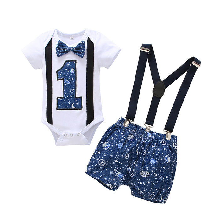 Babymoon 1st Birthday Cake Smash Outfit |Romper & Suspender Costume | 1 Yr - Blue