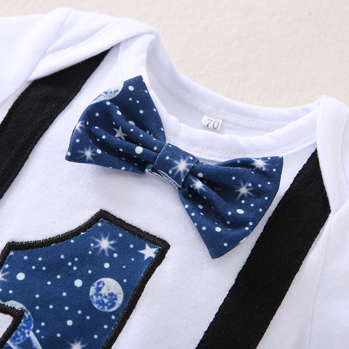 Babymoon 1st Birthday Cake Smash Outfit |Romper & Suspender Costume | 1 Yr - Blue