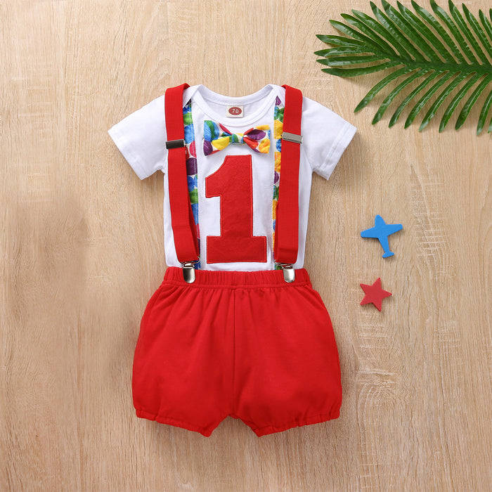 Babymoon 1st Birthday Cake Smash Outfit |Romper & Suspender Costume | 1 Yr - Red