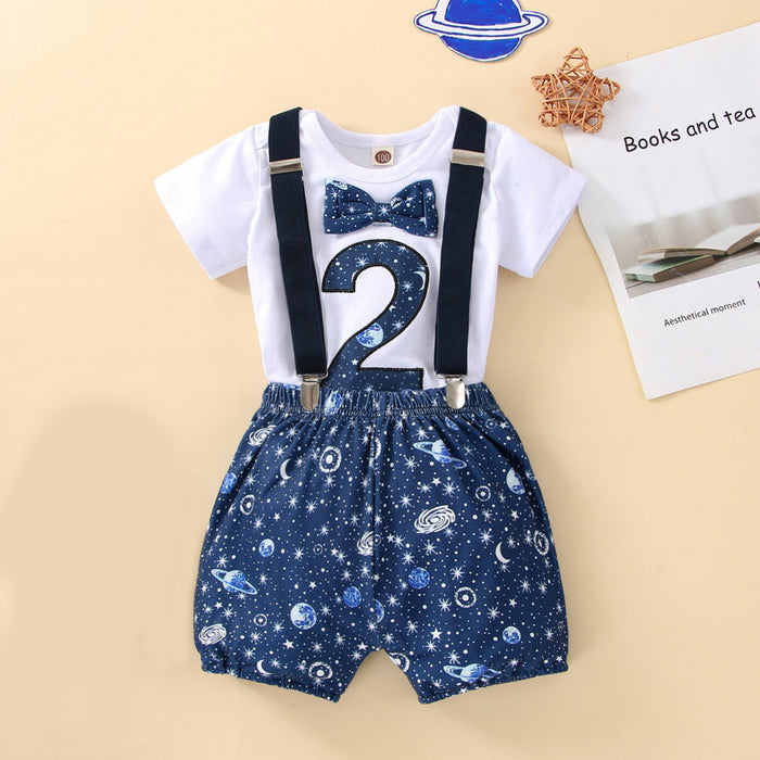 Babymoon 2nd Birthday Cake Smash Outfit |Romper & Suspender Costume | 2 Yr - Blue