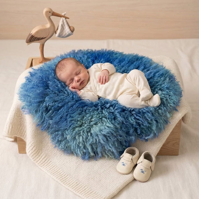 Babymoon 30CM | Round Wool Flokati Fur Blanket | Photoshoot Props | Dark Blue