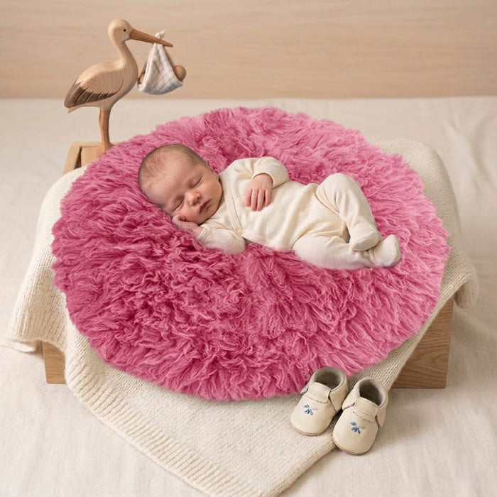 Babymoon 30CM | Round Wool Flokati Fur Blanket | Photoshoot Props | Darkpink