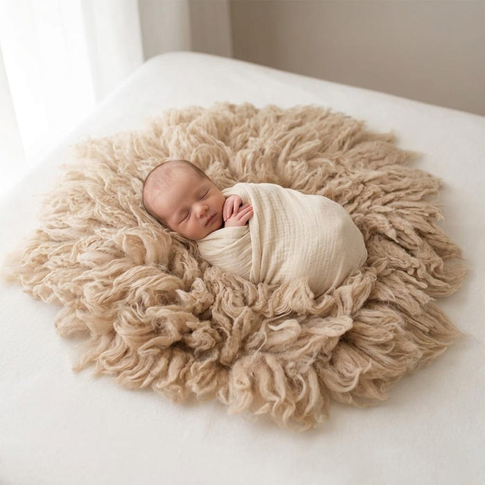Babymoon 30CM | Round Wool Flokati Fur Blanket | Photoshoot Props | Khaki