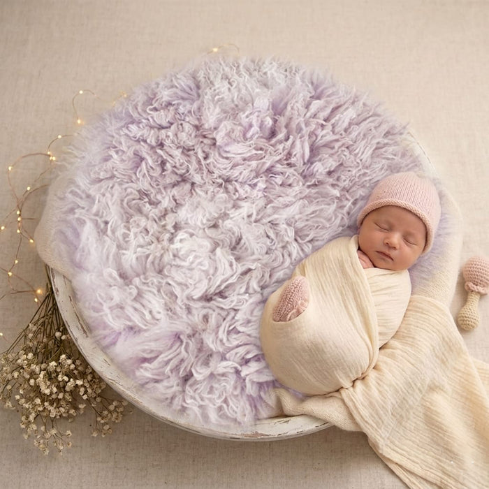 Babymoon 30CM | Round Wool Flokati Fur Blanket | Photoshoot Props | Light Purple