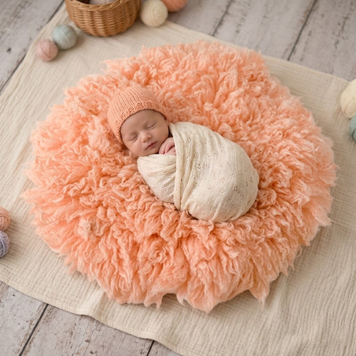 Babymoon 30CM | Round Wool Flokati Fur Blanket | Photoshoot Props | Orange