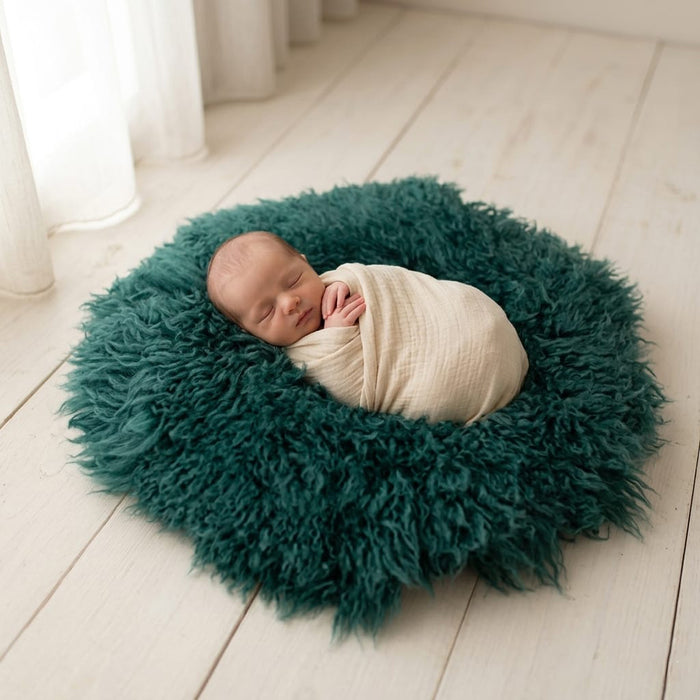Babymoon (60CM) Round Wool Flokati Fur Blanket Photoshoot Props - Dark Green