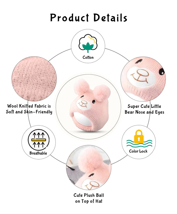 Babymoon Baby Bear Winter Ear Protection Cap Kids Hat Boys Girls Cap | 0-24M | Pink