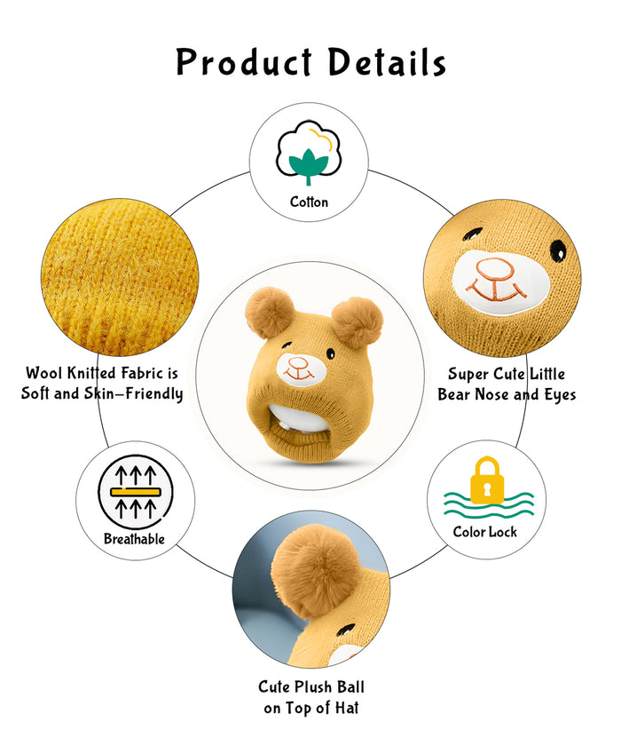 Babymoon Baby Bear Winter Ear Protection Cap Kids Hat Boys Girls Cap | 0-24M | Yellow