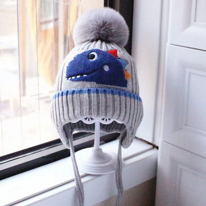 Babymoon Baby Dinosaur Design Cap with String Winter Kids Hat Boys Girls Caps | Grey | 1-15 Years