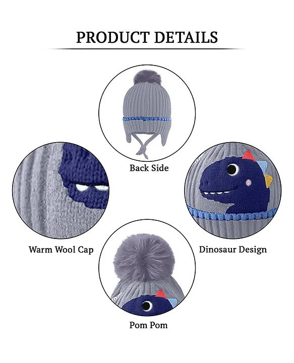 Babymoon Baby Dinosaur Design Cap with String Winter Kids Hat Boys Girls Caps | Grey | 1-15 Years