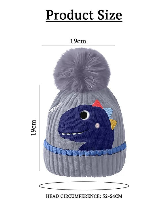 Babymoon Baby Dinosaur Design Cap with String Winter Kids Hat Boys Girls Caps | Grey | 1-15 Years