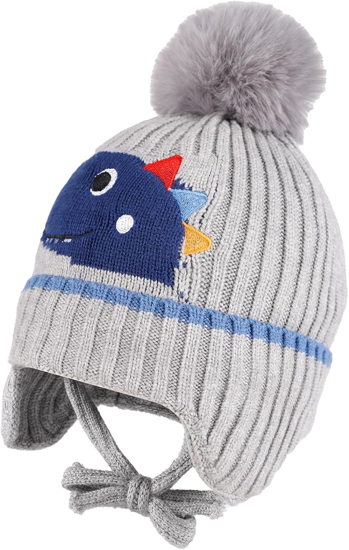 Babymoon Baby Dinosaur Design Cap with String Winter Kids Hat Boys Girls Caps | Grey | 1-15 Years
