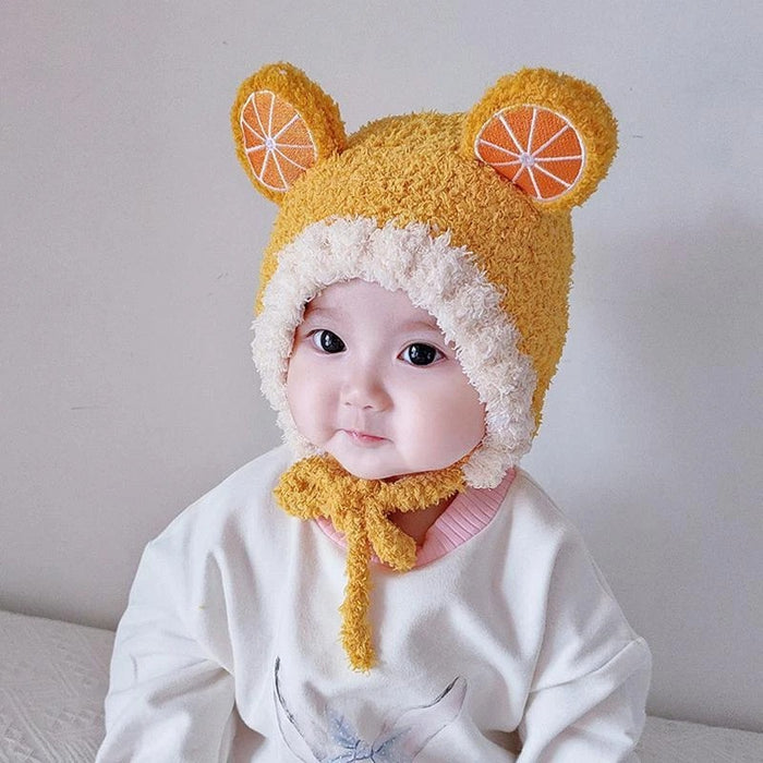 Babymoon Baby Fruit Orange Design Ear Cap with String Winter Kids Hat Boys Girls Cap | Yellow | 2-8 Year