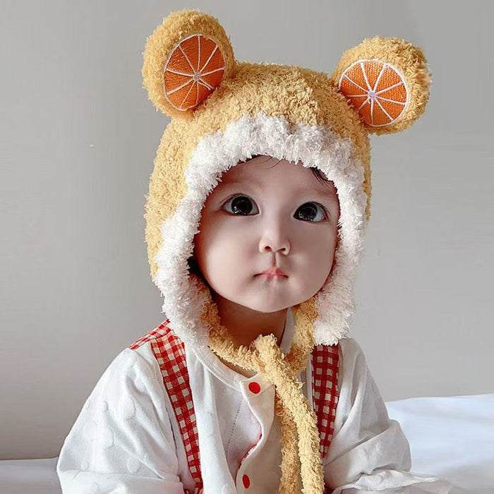 Babymoon Baby Fruit Orange Design Ear Cap with String Winter Kids Hat Boys Girls Cap | Yellow | 2-8 Year