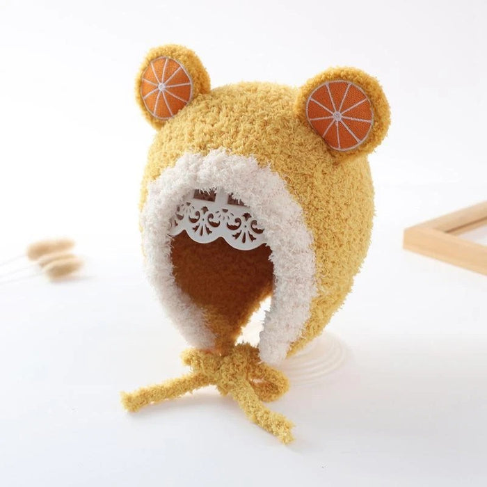 Babymoon Baby Fruit Orange Design Ear Cap with String Winter Kids Hat Boys Girls Cap | Yellow | 2-8 Year