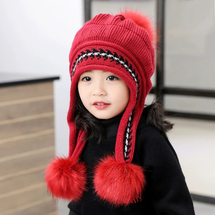 Babymoon Baby Velvet Earflap Cap Winter Kids Hat Long Pom Pom Ears | Ears Protection | 2-10 Year | Red