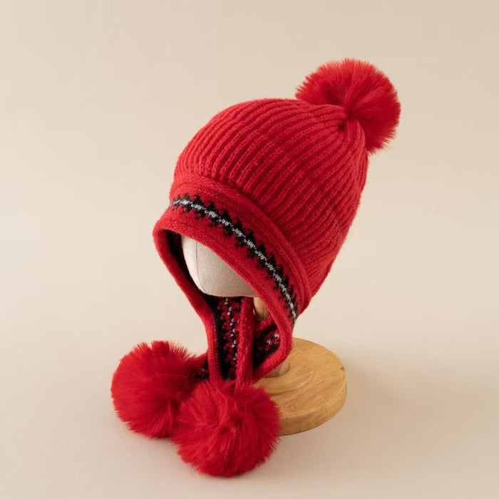 Babymoon Baby Velvet Earflap Cap Winter Kids Hat Long Pom Pom Ears | Ears Protection | 2-10 Year | Red