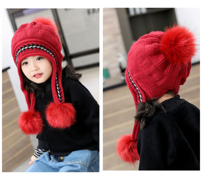 Babymoon Baby Velvet Earflap Cap Winter Kids Hat Long Pom Pom Ears | Ears Protection | 2-10 Year | Red