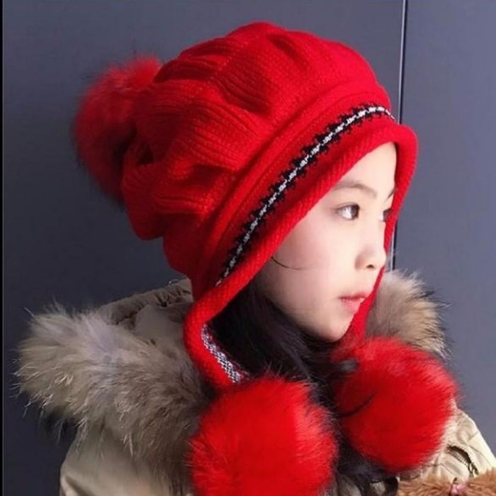 Babymoon Baby Velvet Earflap Cap Winter Kids Hat Long Pom Pom Ears | Ears Protection | 2-10 Year | Red