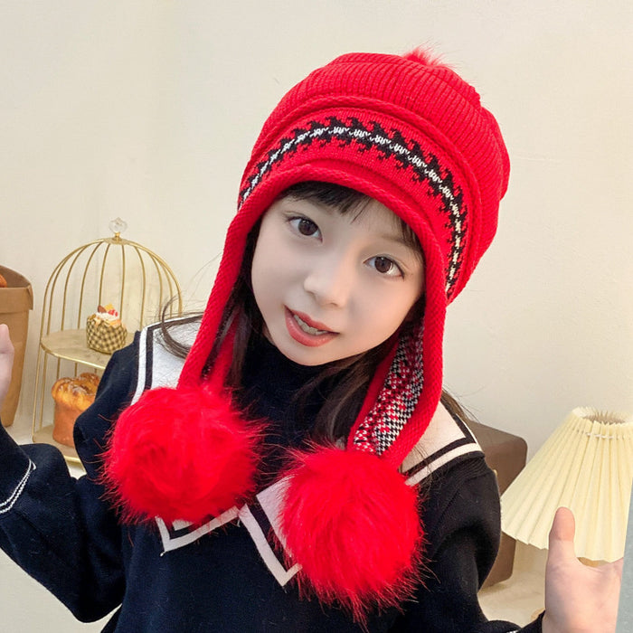 Babymoon Baby Velvet Earflap Cap Winter Kids Hat Long Pom Pom Ears | Ears Protection | 2-10 Year | Red
