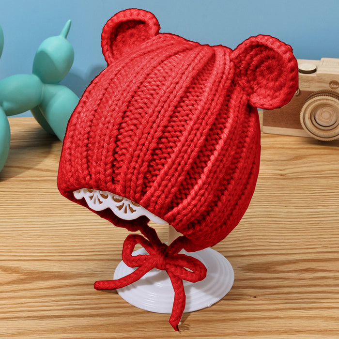 Babymoon Baby Winter Knitted Cap with String Kids Hat | 0-2Y | Red