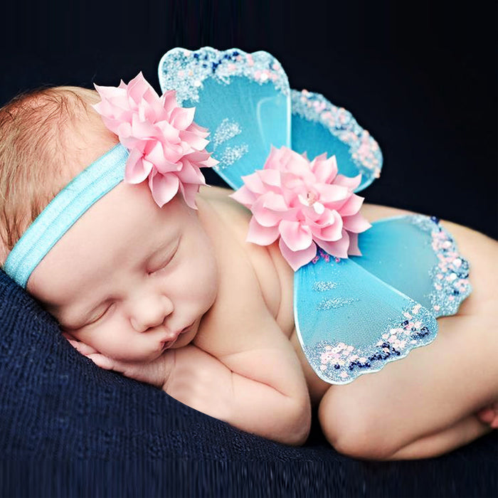 Babymoon Butterfly Fairy Angel Costumes Baby Wings Photography Props with Hairband | Baby Gift Set | Set of 2 | Blue