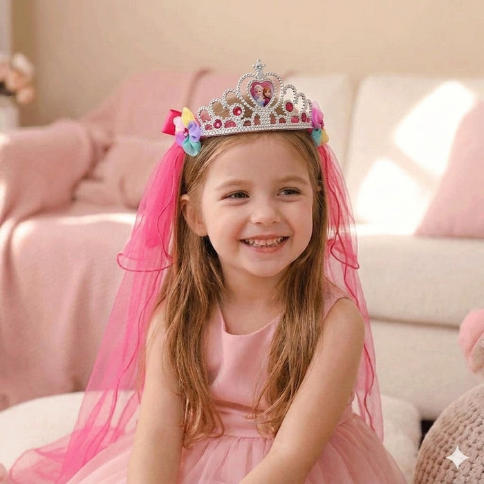 Babymoon Diamond Princess Birthday Party Girls Crown Headband with Veil | Hair Accessories | 3-8 Yrs