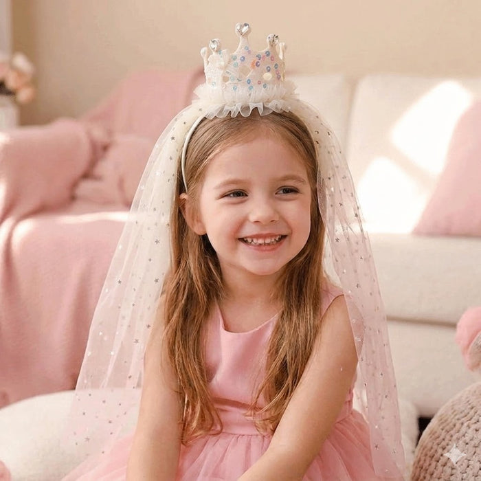 Babymoon Diamond Princess Birthday Party Girls Crown Headband with Veil | Hair Accessories | 3-8 Yrs