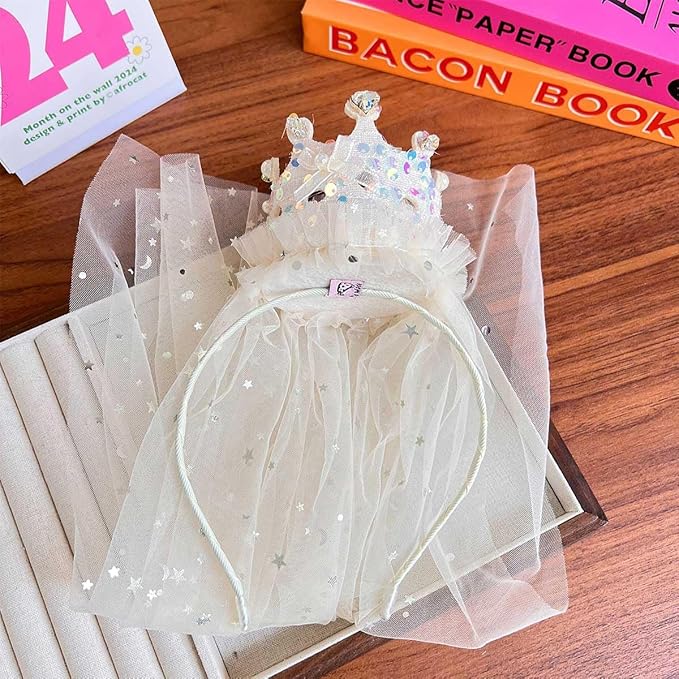 Babymoon Diamond Princess Birthday Party Girls Crown Headband with Veil | Hair Accessories | 3-8 Yrs