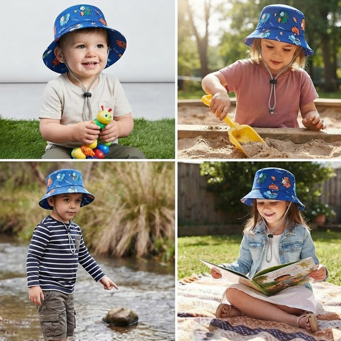 Babymoon Dinosaur Baby Boys Girls Kids Summer Cap with Head String Sun Beach Hat | Blue | 2-6 Year