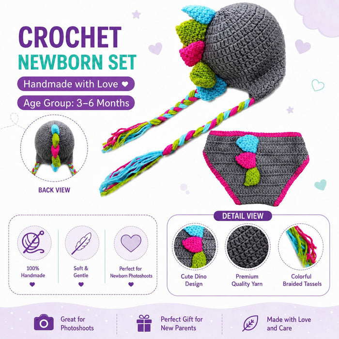 Babymoon Dinosaur Newborn Photography Crochet Outfit Costume - Grey