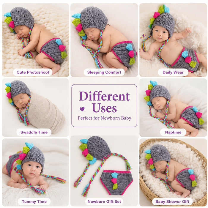Babymoon Dinosaur Newborn Photography Crochet Outfit Costume - Grey