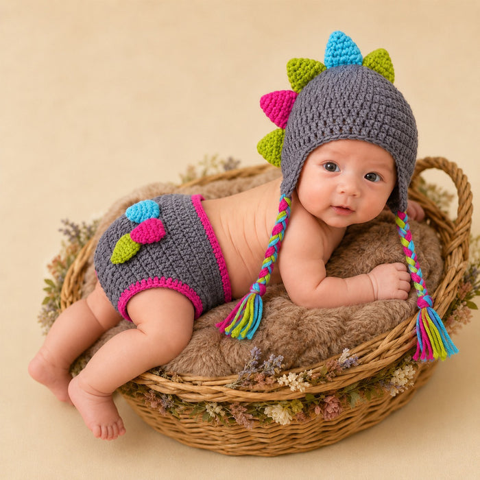 Babymoon Dinosaur Newborn Photography Crochet Outfit Costume - Grey
