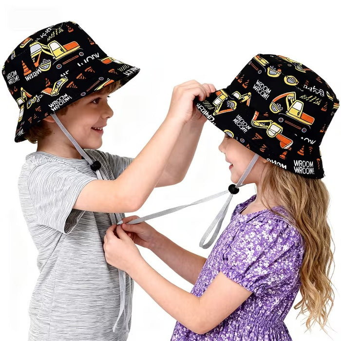 Babymoon Engineer Bucket Baby Boys Girls Kids Summer Cap with Head String Sun Beach Hat | Black | 2-8