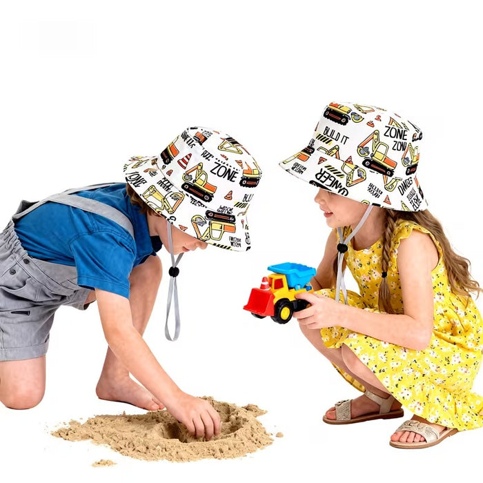 Babymoon Engineer Bucket Baby Boys Girls Kids Summer Cap with Head String Sun Beach Hat | White | 2-8