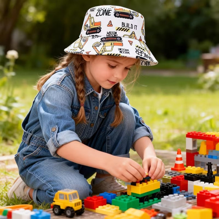Babymoon Engineer Bucket Baby Boys Girls Kids Summer Cap with Head String Sun Beach Hat | White | 2-8
