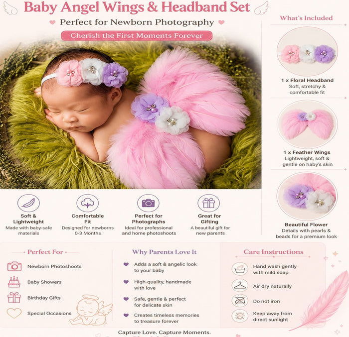 Babymoon Feather Wings New Born Baby Photography Shoot Props Costumes - Pink