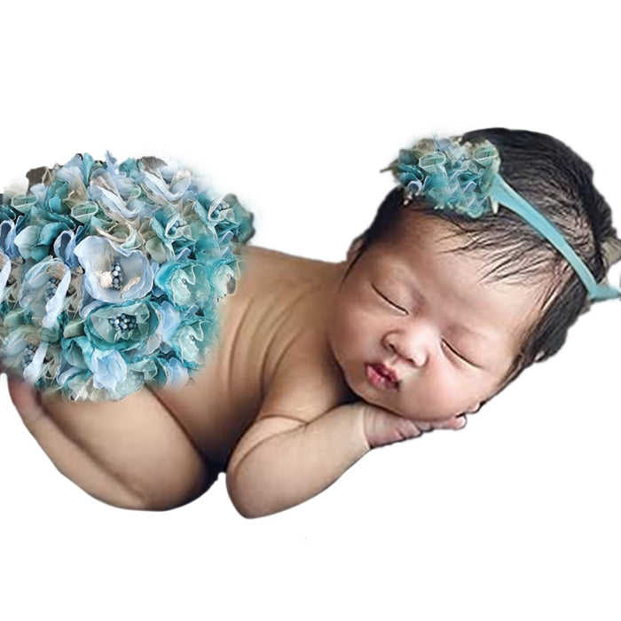 Babymoon Floral Round Bum Cover With Hairband | Baby Photography Props | Set Of 2 | Blue