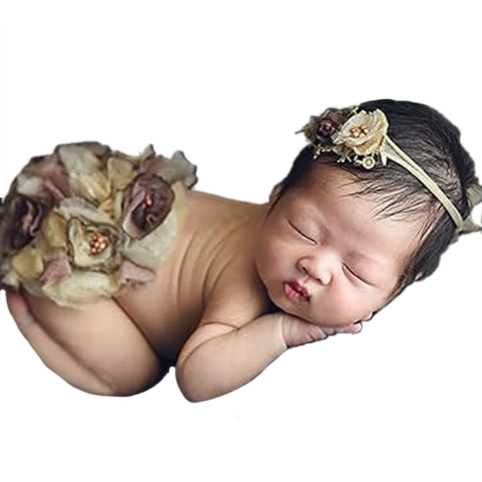 Babymoon Floral Round Bum Cover With Hairband | Baby Photography Props | Set Of 2 | Brown