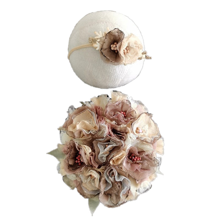 Babymoon Floral Round Bum Cover With Hairband | Baby Photography Props | Set Of 2 | Brown