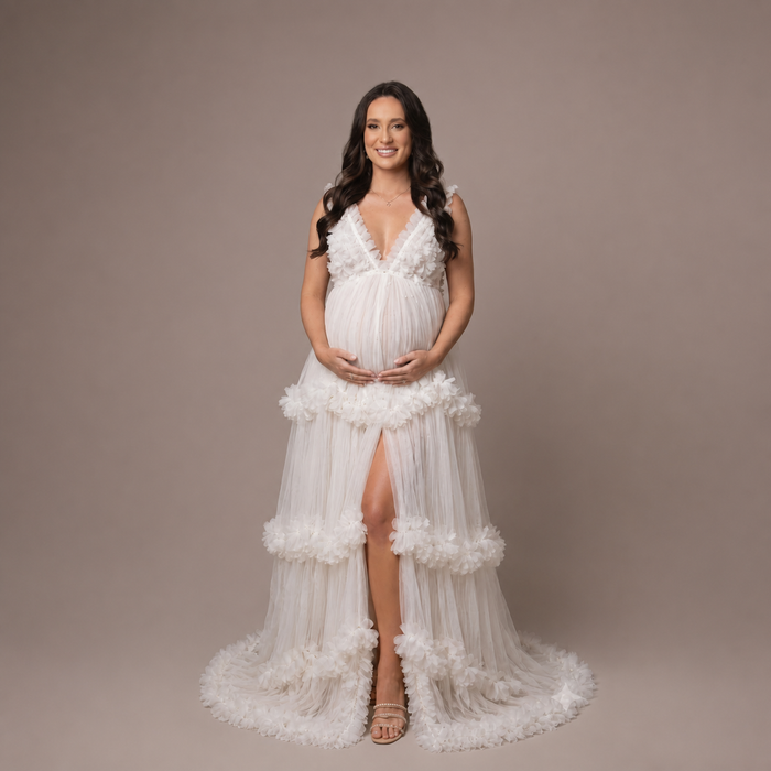 Babymoon Fluffy Off Shoulder Maternity Gown Dress | White