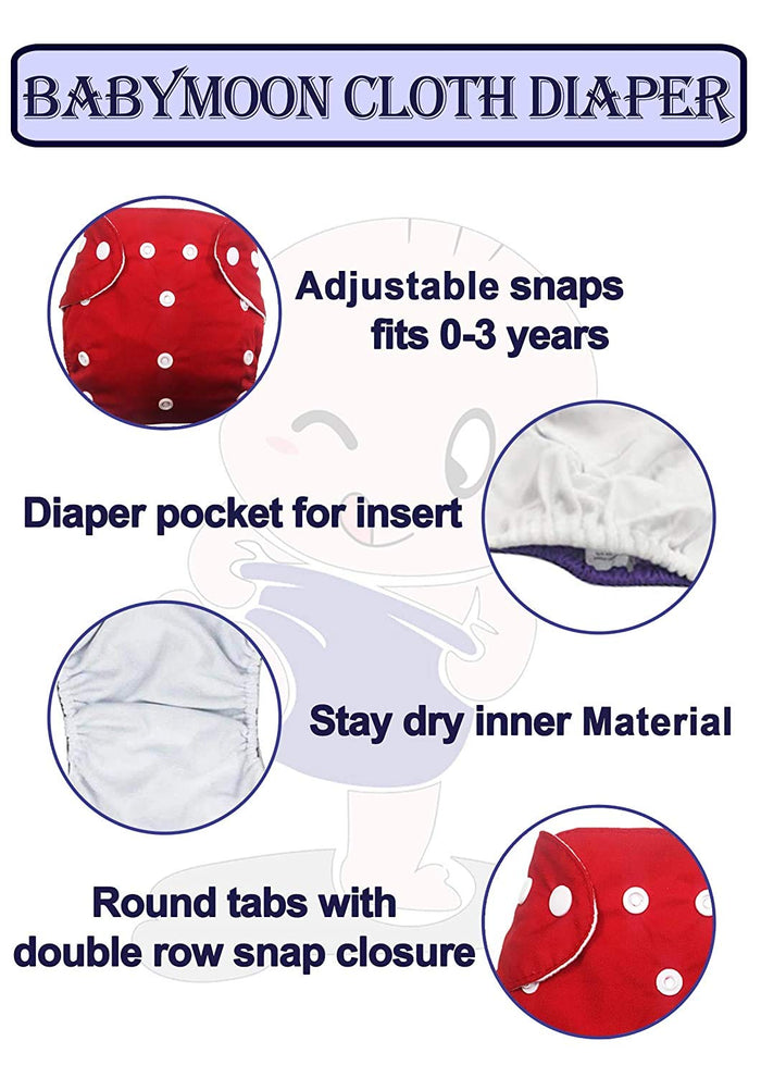 Babymoon Free Size Reusable 5 Cloth Diaper with 5 Grey Insert - Pack of 10