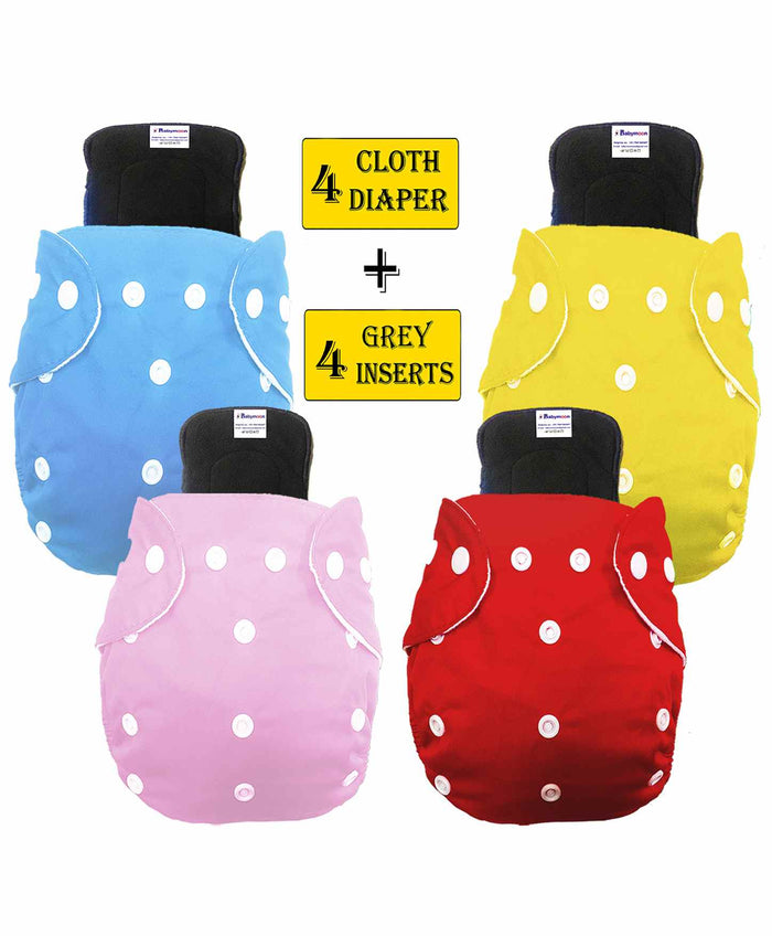 Babymoon Free Size Washable & Reusable 4 Cloth Diapers With 4 Grey Insert - Pack of 8