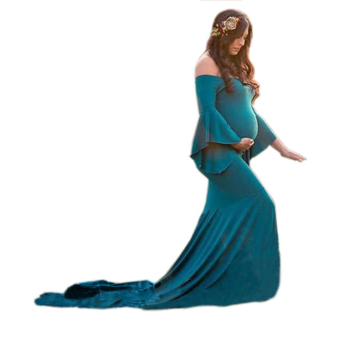 Babymoon Full Sleeve Maternity Gown Dress - Lake Blue