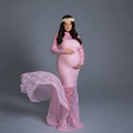 Babymoon Full Sleeve Net Lace Stretchable Maternity Gown Dress | Darkpink